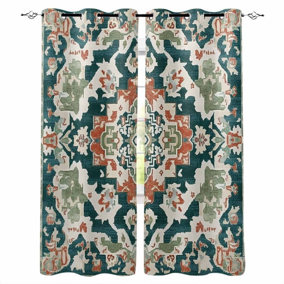 Fsddascl Teal Green Boho Boho Blackout Curtains for Bedroom/Living Room, Thermal Insulated Kitchen Curtains, Abstract Medieval Vintage Floral Grommet Darkening Window Treatment Drapes 42"x63"x2