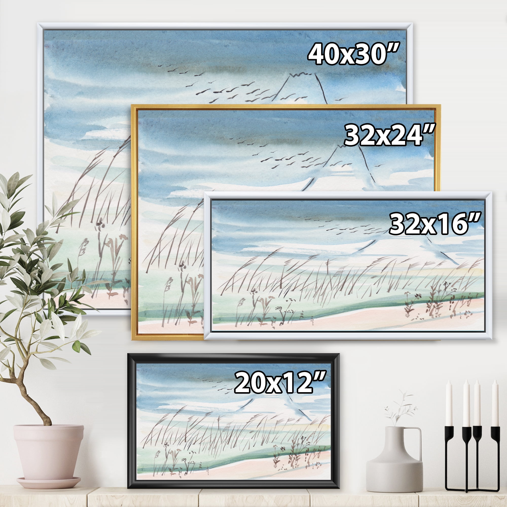 Designart 'Crane Birds Flying Over Snowy Montain' Traditional Framed Canvas Wall Art Print