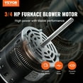 thumbnail image 2 of VEVOR 3/4HP Furnace Blower Motor, 208/230V 3.85Amps, 1075RPM 5 Speeds, CW/CCW Rotation, 48 Frame 4.8" Shaft Length, 10μF/450V Capacitor + 11" Hold Hoop, 2 of 9
