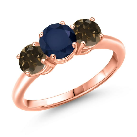 Gem Stone King 18K Rose Gold Plated Silver Blue Sapphire and Brown Smoky Quartz Engagement Ring for Women | 2.10 Cttw | Round 6MM | Gemstone September Birthstone | Size 9