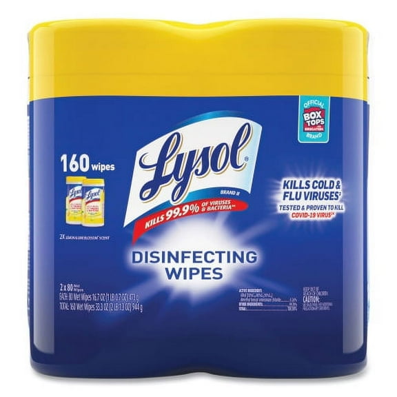 LYSOL Brand Disinfecting Wipes, 1-Ply, 7 x 7.25, Lemon and Lime Blossom, White, 80 Wipes/Canister, 2 Canisters/Pack, 3 Packs/Carton
