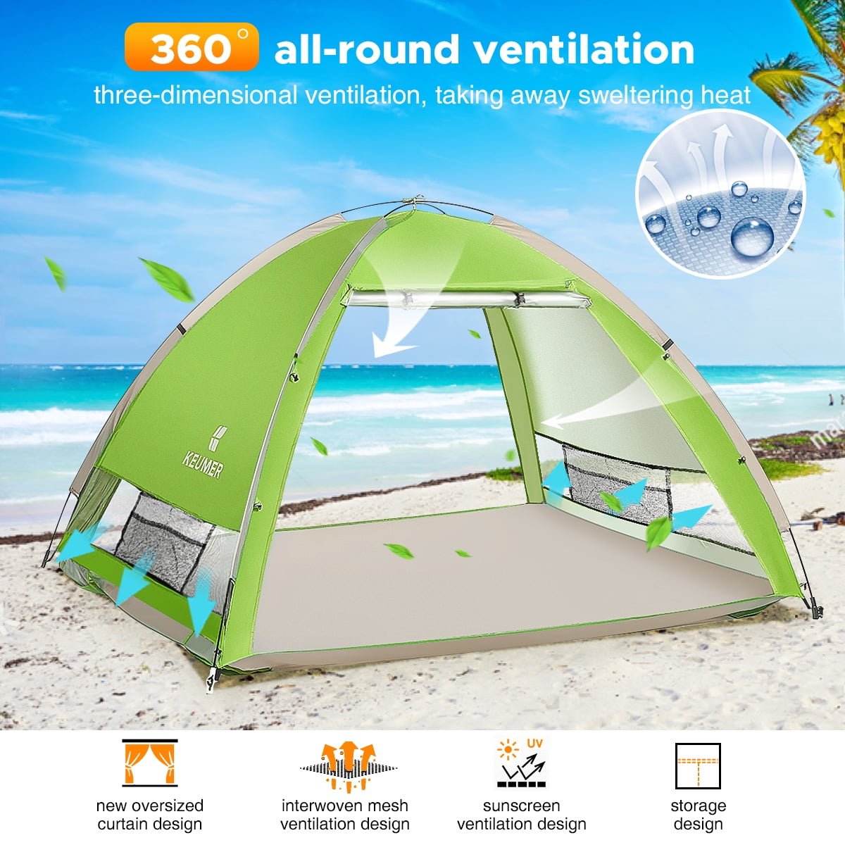 Pop Up Beach Tent Sun Shelter with Extended Porch- Extra Large 4-5 Person Instant Beach Shade Umbrella,with SPF 50+ UV Protection Water-Resistant Beach Canopy for Fishing Hiking Camping 