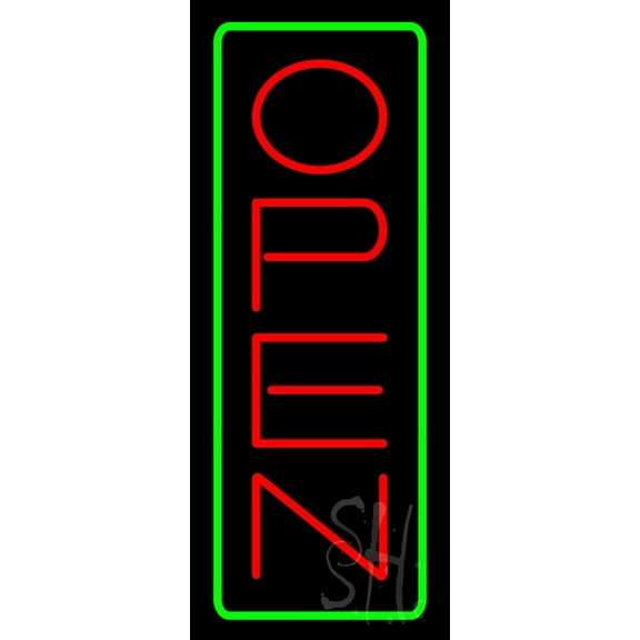 Open - Vertical Red Letters with Green Border LED Neon Sign 24 x 10 - inches, Clear Edge Cut Acrylic Backing, with Dimmer - Bright and Premium built indoor LED Neon Sign for storefront.