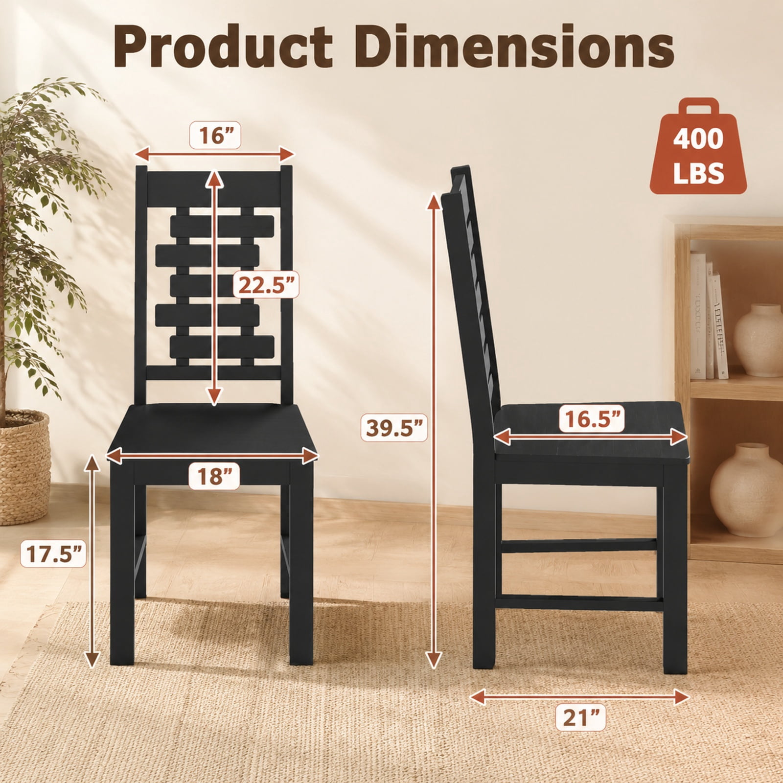 Furnibear Wooden Dining Chairs Set of 2 Solid Rubber Wood Kitchen Chairs with Curved Backrest for Kitchen and Dining Room, Black