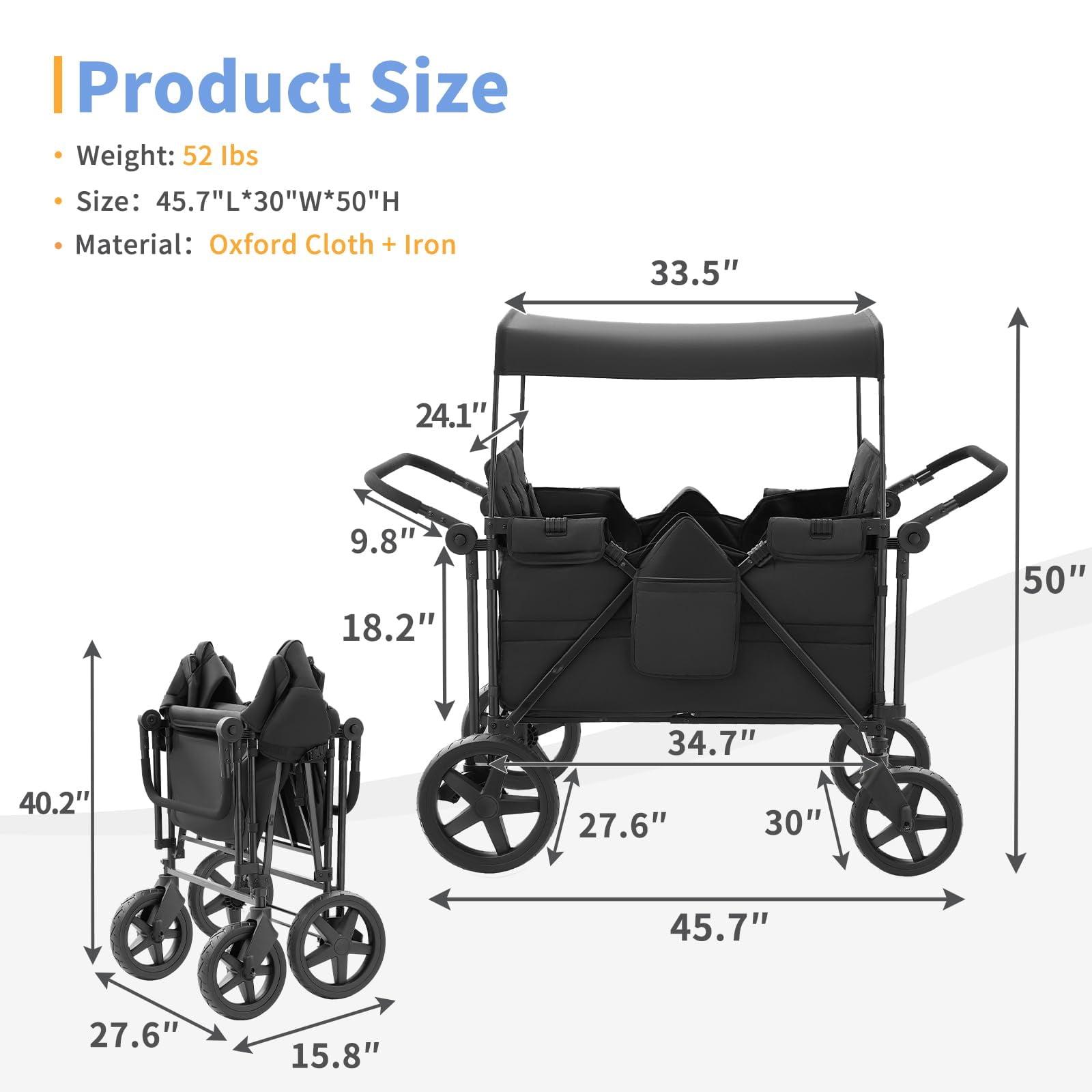 Linor Wagon Stroller for 4 Kids, Wagon Cart Featuring Snack Tray with Storage Bag and Adjustable Canopy, Foldable 4 Seater Wagon Stroller for Garden, Stroller, Camping