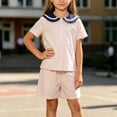thumbnail image 2 of Odeerbi Chicos Niñas 2 Piezas Preppy Traje Color Bloque Marinero Cuello Camisa y Pantalones Cortos Uniforme Escolar Conjunto, 2 of 9