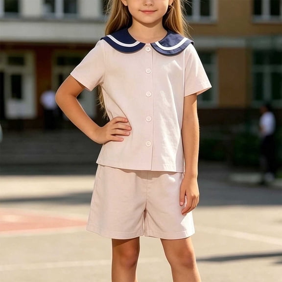 SOOMLON Back to School Outfits for Girls Knitted Collar Button up Shirts Shorts with Pockets 2 Piece Matching Set 1-10y