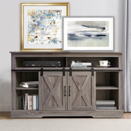 Sliding Barn Door TV Stand Entertainment Center for TVs up to 65 Inch TV Console with Storage Cabinet and Shelves, Wash Gray