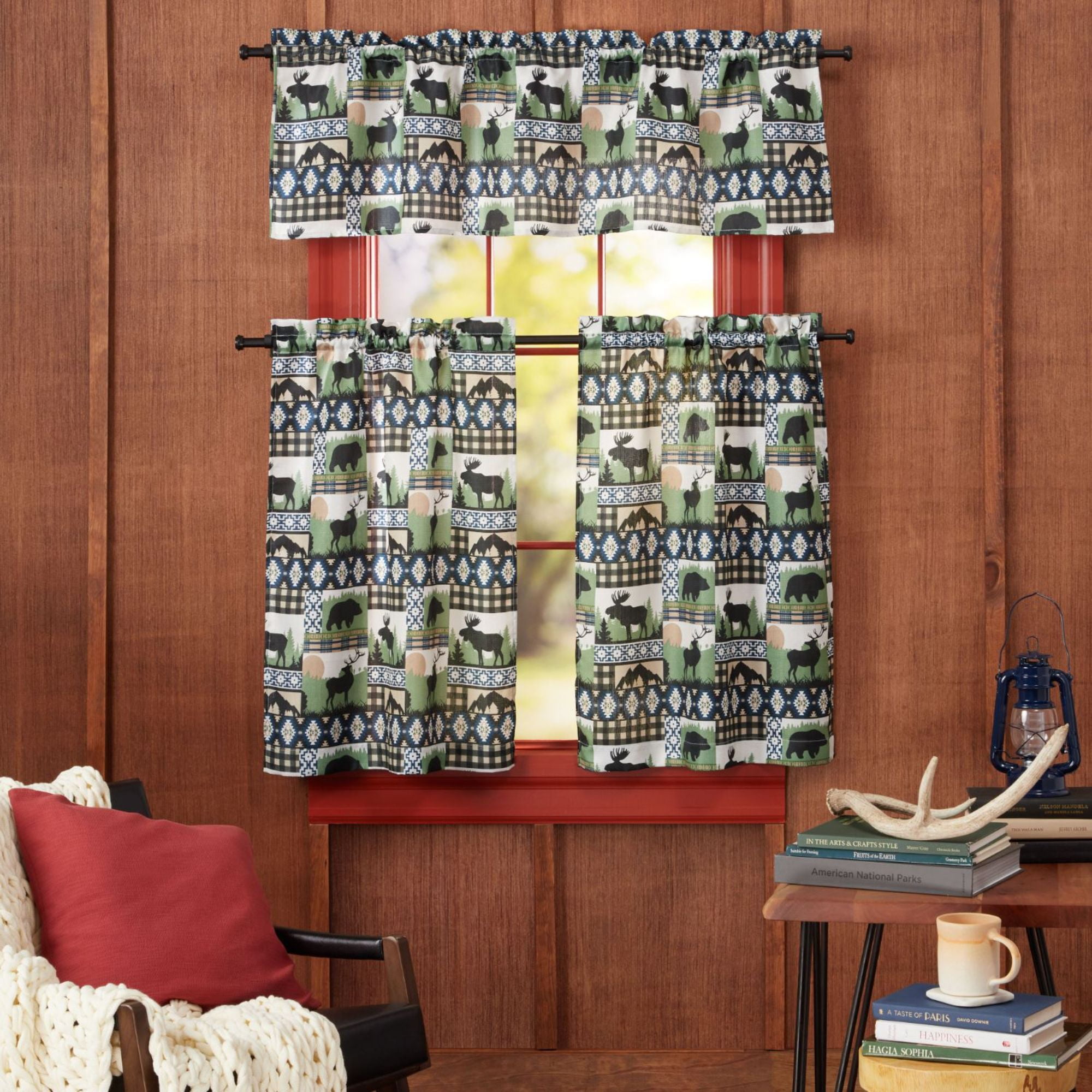 Estate View™ Moose Lodge Light Filtering Rod Pocket Straight 3 Piece Tier Valance and Curtains Set, 54"x36", Green Black