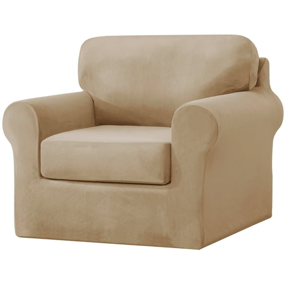 Eurhowing Velvet Sofa Slipcover, Pet-Friendly Stretch Couch Cover with Non-Slip Bottom & Cushion Covers, Washable Furniture Protector for Armchair, Khaki