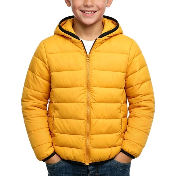 CYRBOKO Puffer Jackets for Boys, Lightweight Long Sleeve Winter Zip Up Hooded Outerwear Yellow Size 7-8 T
