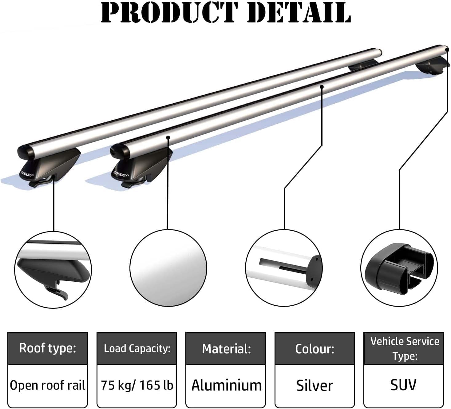 53 Inch Aluminum Roof Rack Cross Bars for Raised Side Rails, Adjustable Cargo Bars, Hold 165 LBS, Silver