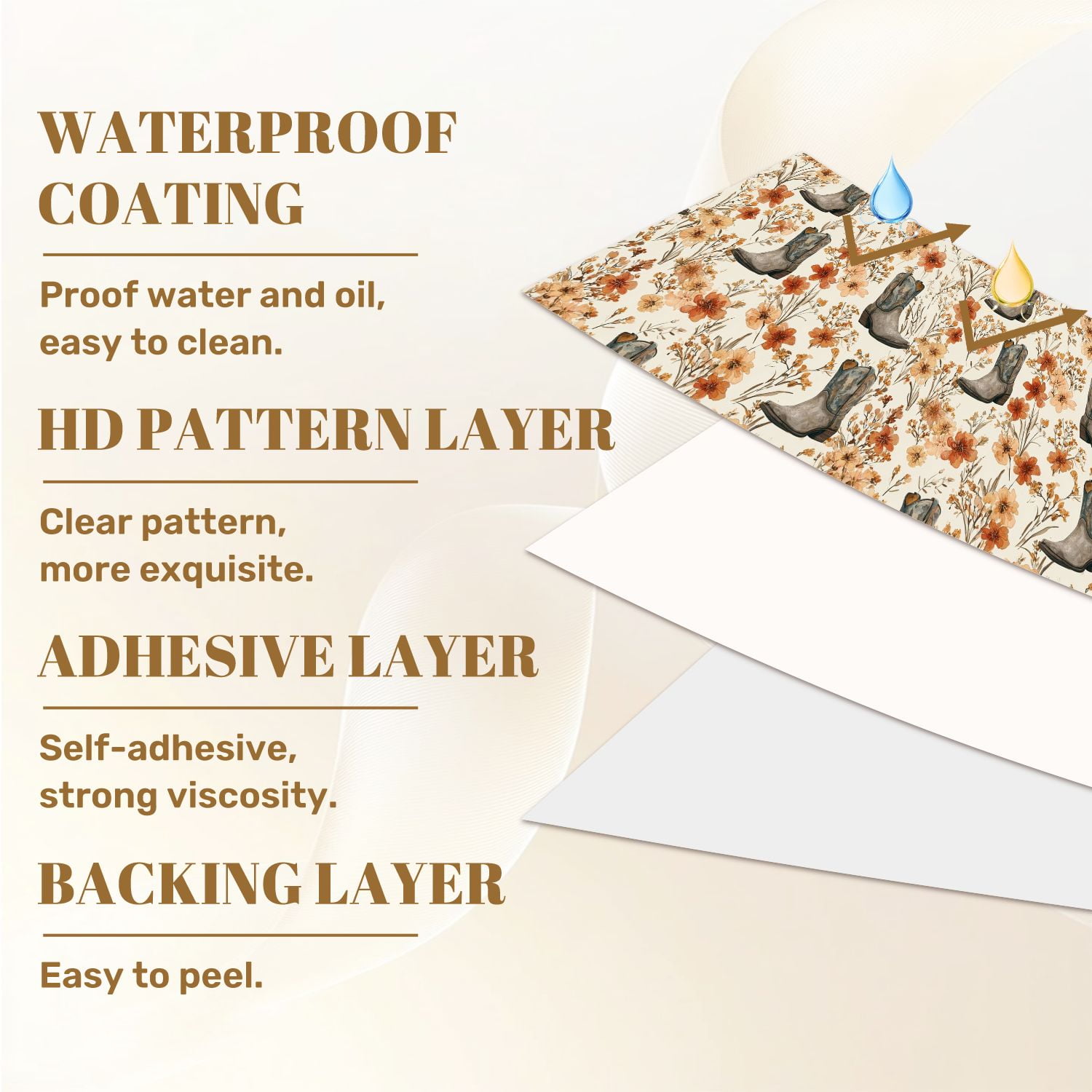 Western Peel and Stick Wallpaper Cowboy Boots Floral Bouquet Warm Earth Tones Wall Mural 23.6in x 9.8ft Self Adhesive Removable Wall Paper Renter Friendly Wallpaper for Nursery Bedroom Cabinets
