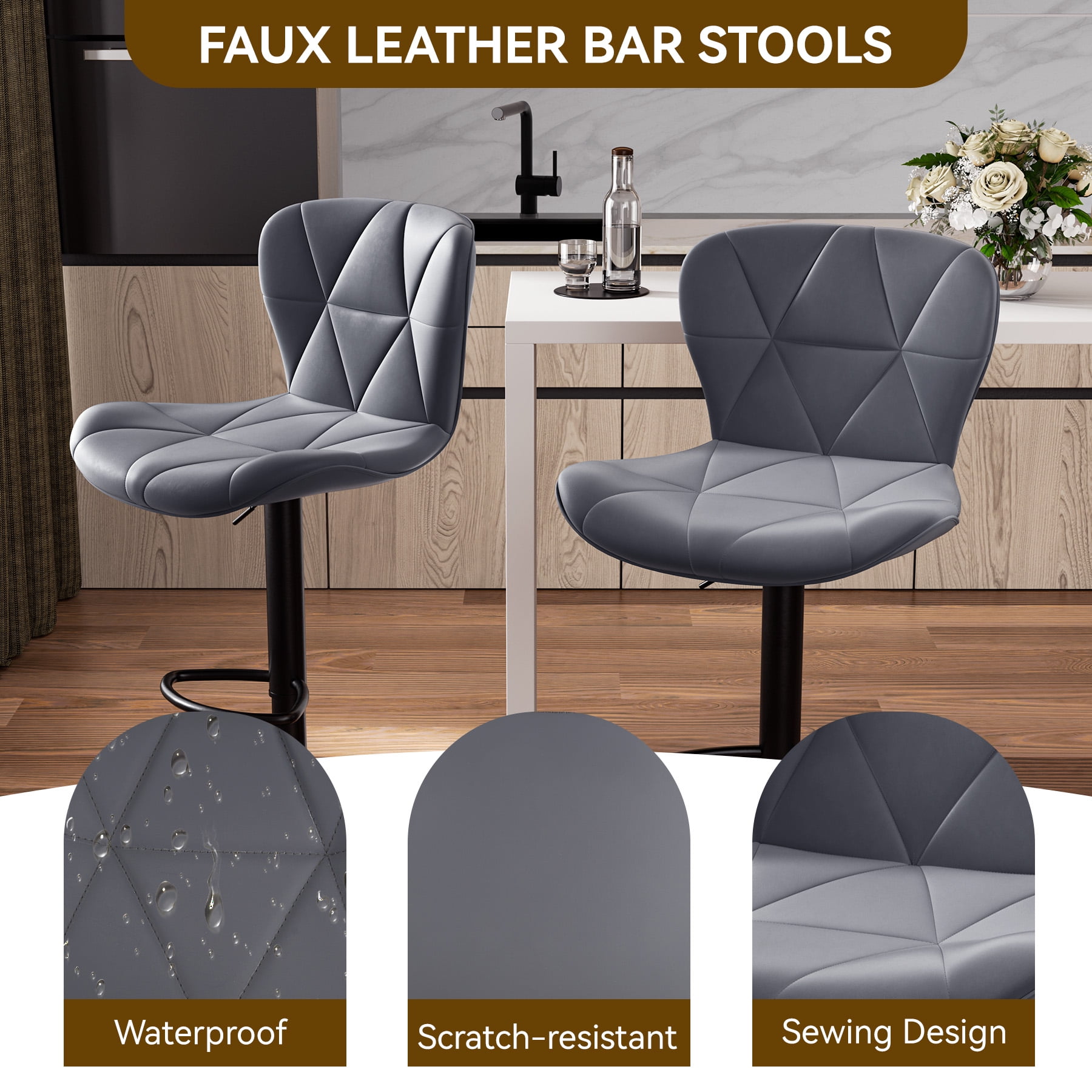 Hawsaiy Modern Bar Stools Set of 1, Adjustable Faux Leather Upholstered Swivel Bar Stools, Counter Height Bar Chairs with Back for Kitchen Island, Dark Gray