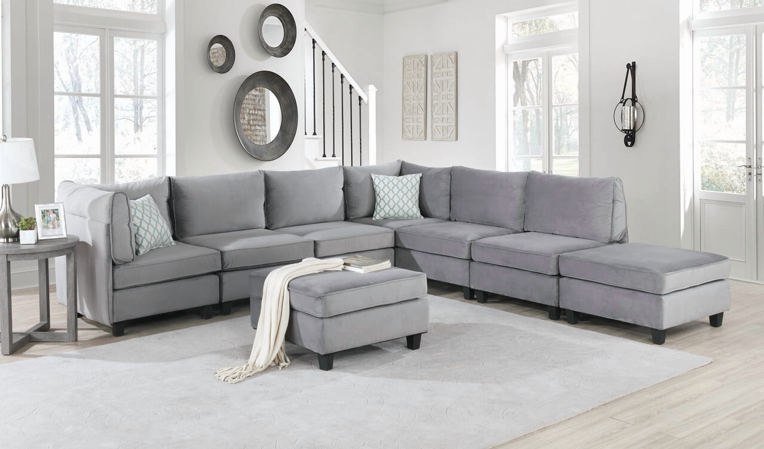 Howcool Cloud Couch Modular Sectional Sofa 6 Seater, 8‑Piece 120" U‑Shaped Velvet Couch, Reconfigurable Convertible Set with 2 Ottomans & Accent Pillows for Living Room, Gray
