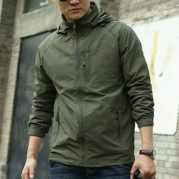 Puntoco Chaqueta Con Capucha Desmontable, Manga Larga, Bolsillo, Cremallera, Resistente Al Agua, De Color Sólido, Para Exteriores, Para Hombre
