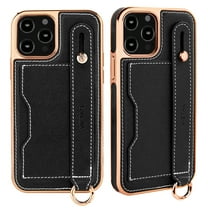 Elehold Luxury Leather Hand Strap Card Slot Case Compatible with iPhone 12 Pro Max 6.7 Inch with Shockproof Kickstand Lanyard for iPhone 12 Pro Max,Black