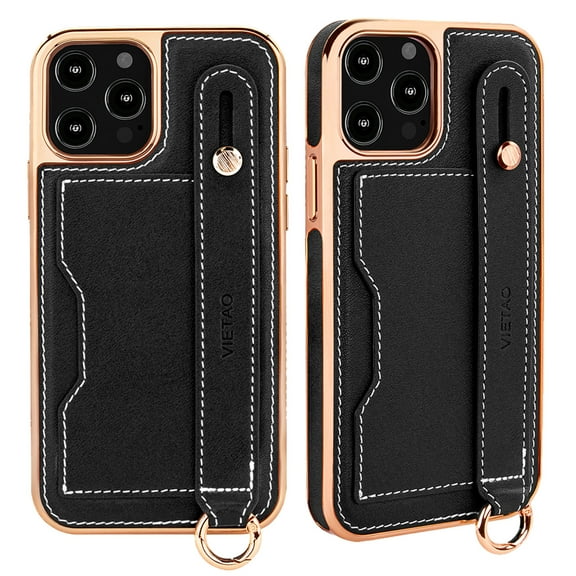 Luxury Case Compatible with iPhone 12 Pro / 12 6.1" Case with Adjustable Wristband Kickstand and Card Holder, Designer Classic Retro Pattern PU Leather Wrist Strap Wristband Card Slots Case,Black