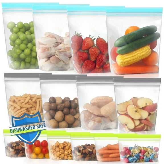 Lerine 14 Pack Dishwasher Safe Stand-up Reusable Food Storage Bags, Leakproof Reusable Freezer Bags,Silicone Reusable Sandwich Bags