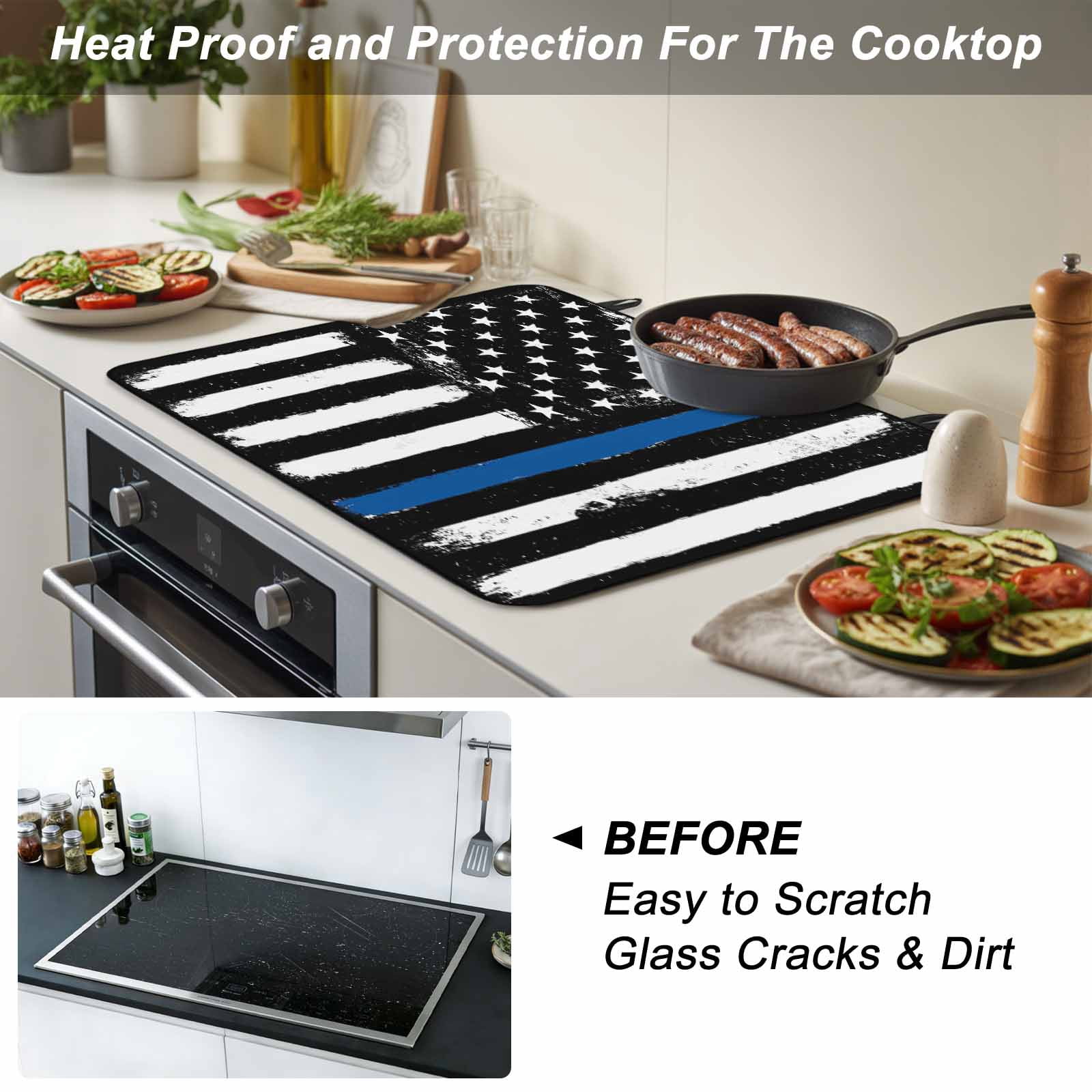 Blue American Flag Stove Top Cover for Electric Stove, Heat-proof & Non Slip Glass Top Stove Cover Protector, Black White Stars Stripe US Flag Kitchen Flat Cooktop Rubber Mat 24x21 Inches