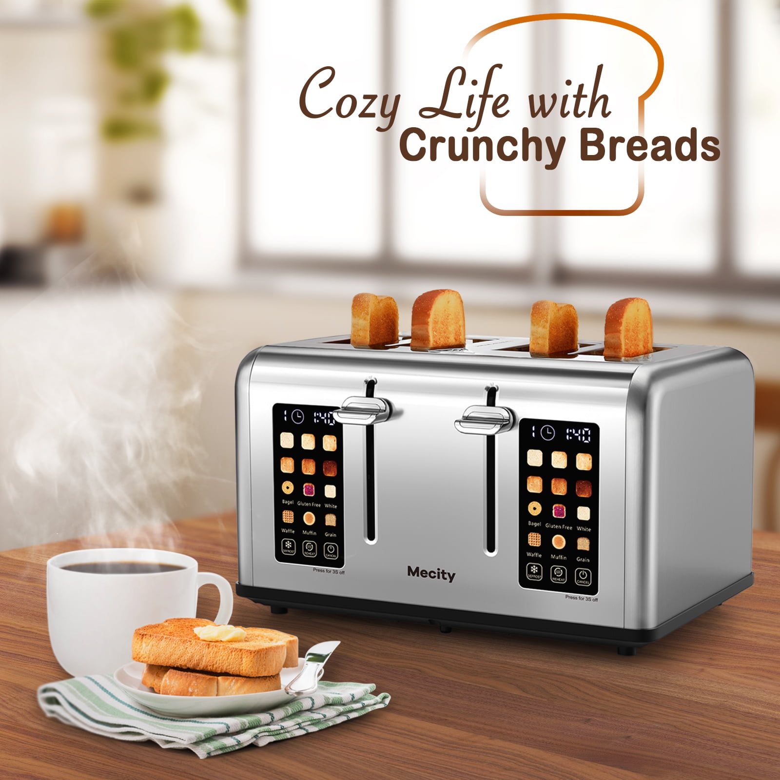 Mecity 4-Slice Touchscreen Toaster with Stainless Steel & 6 Browning Settings, Silver