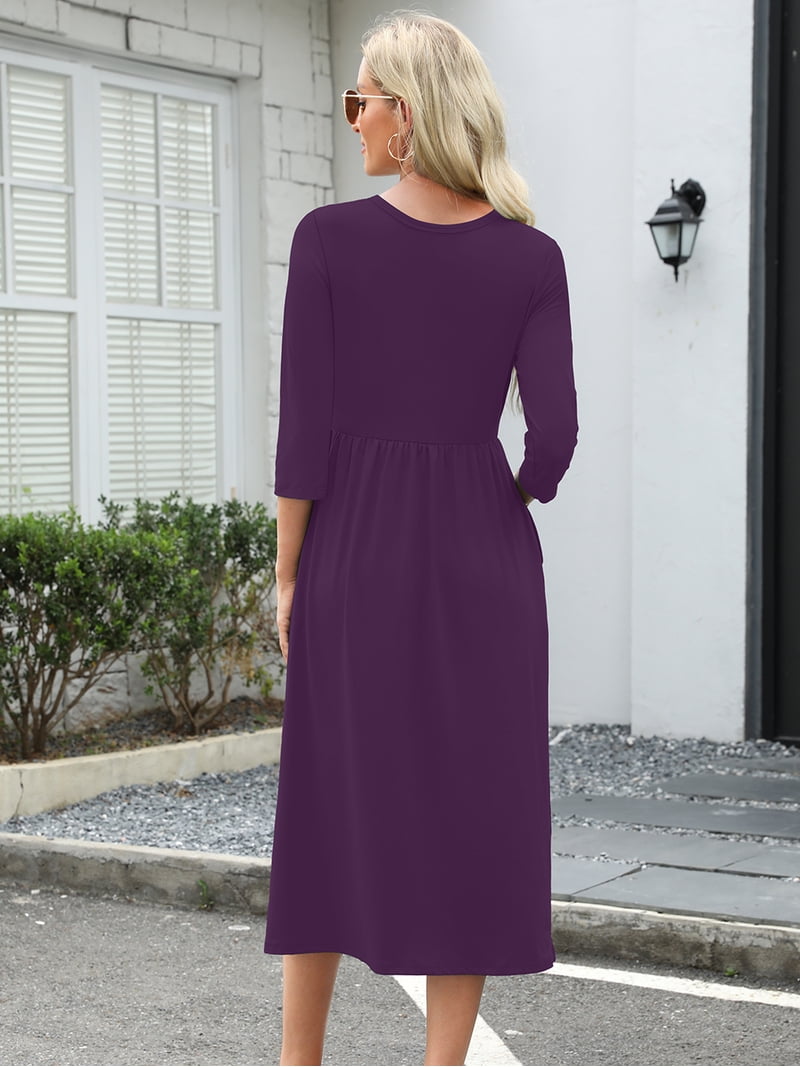 Chiclily Women's Midi Dress 3/4 Sleeve Flare A-Line Long Maxi Dress with Pockets for Spring Fall, Violet 2XL