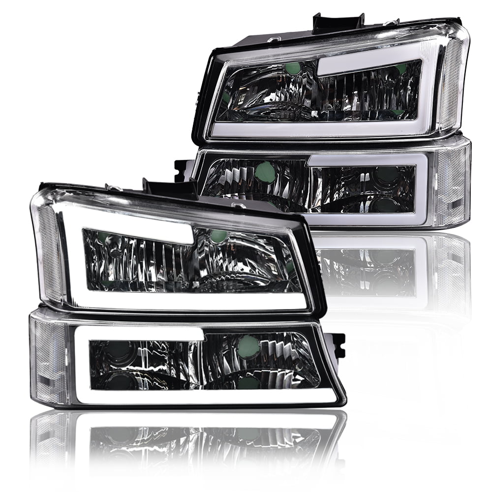 4Pcs-Set LED DRL Headlights+Bumper Lamps Assembly Compatible with Silverado Avalanche 03-07,Black Housing/Clear Corner 