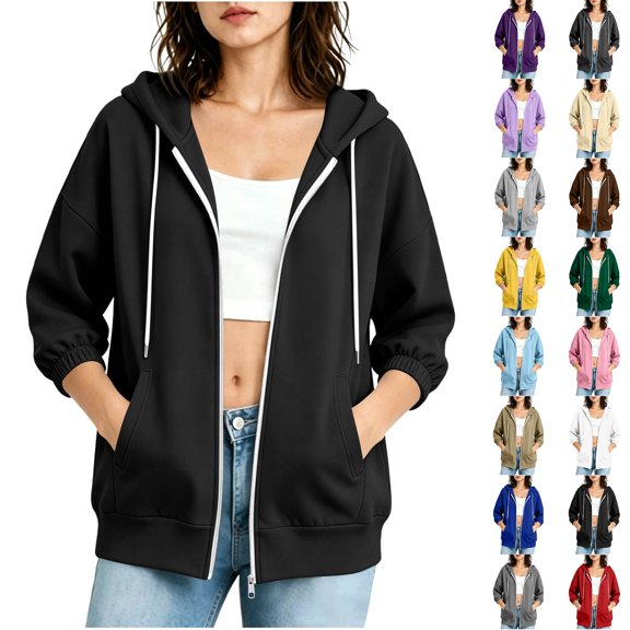 Women's Zip Up 3/4 Cuffed Sleeve Hoodie,Drawstring Hooded Sweatshirt Jacket with Side Pockets,Black,Women's Plus Size L
