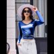 thumbnail image 5 of Camiseta Básica Ajustada de Punto Acanalado con Cuello en V y Larga para Mujer Azul S, 5 of 7