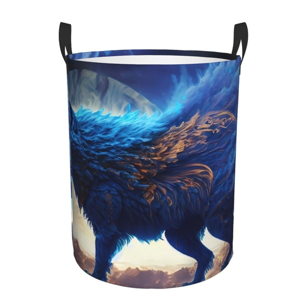 Fotbe Moonlit Blue Wolf Cesto de Ropa con Asas, Cesto Impermeable de Gran Capacidad, Bolsa de Lavado para Dormitorio, Cesto de Ropa con Ruedas y Asas-Small