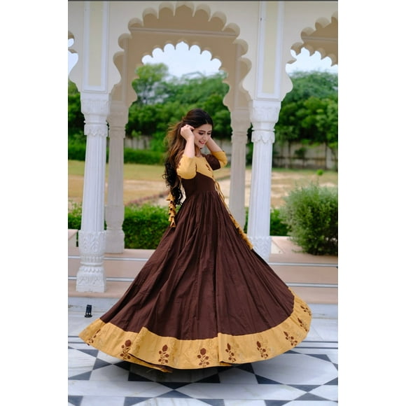 Women Solid Pure Cotton Brown Handcrafted Boota Print Girls Ladies Indian Dress