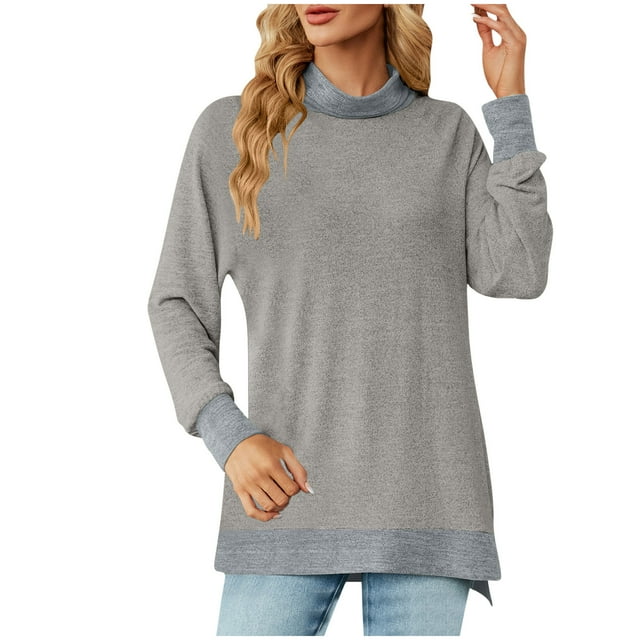 Htigea Womens Long Sleeve Tunic Tops Turtleneck Side Split Pullover Lightweight Fall Shirts for Everyday & Work Gray XL