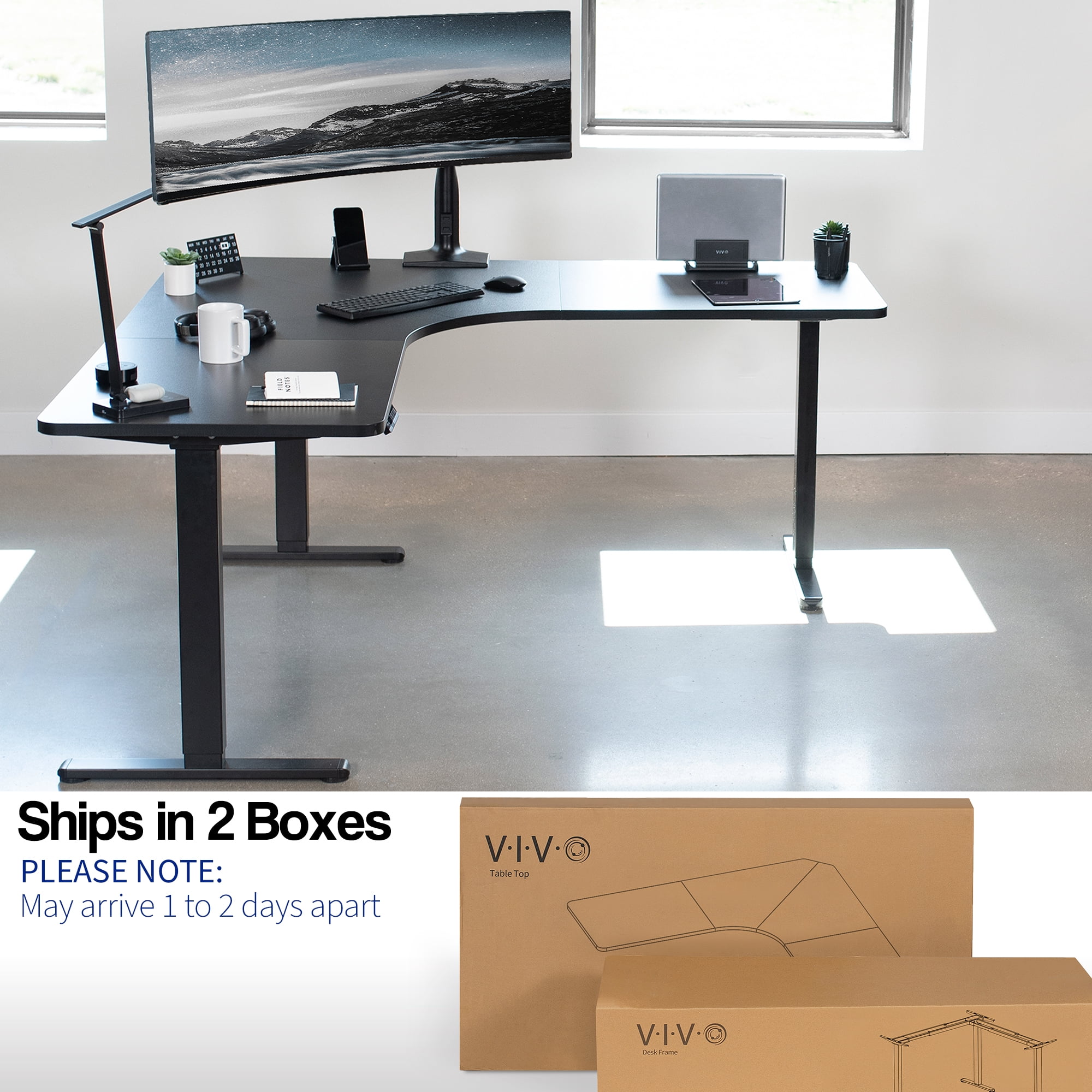 VIVO Black Electric 71" x 71" Curved Corner Stand Up Desk