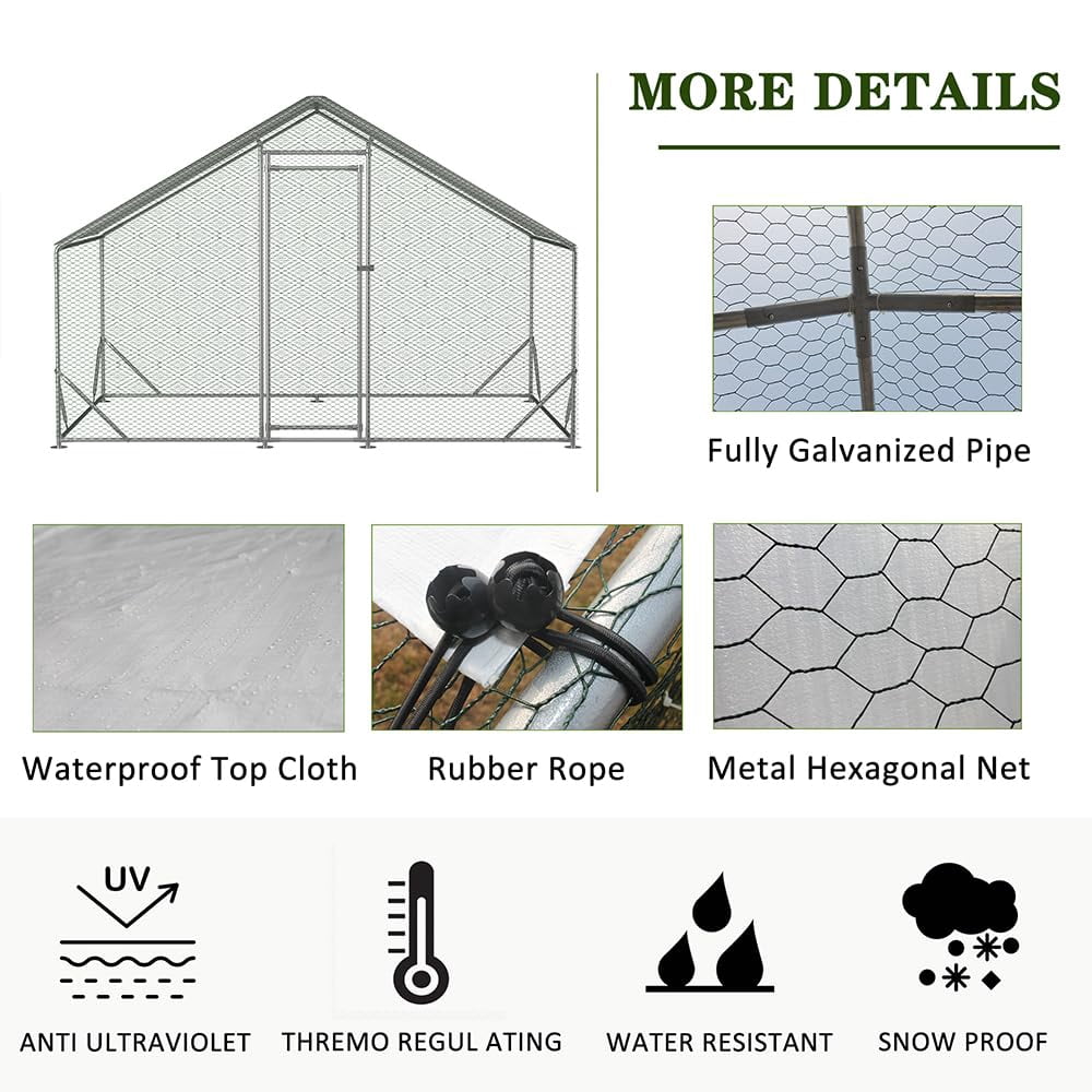 Large Metal Chicken Coop, Walk-in Poultry Cage with Water-Resident and Anti-UV Cover, Duck Rabbit Cat House Outdoor Chicken Run Pen with Spire Shaped Cage, 3 Size Available