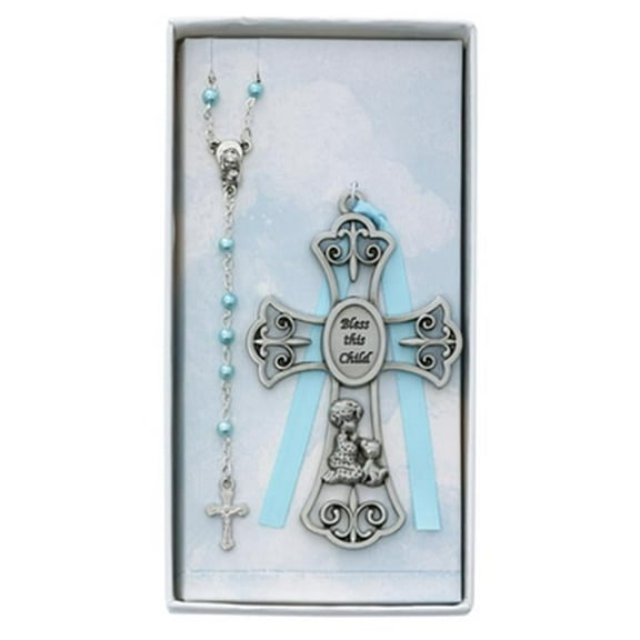 McVan BS60 Silver & Pink Baby Boy & Puppy Crib Cross & Rosary