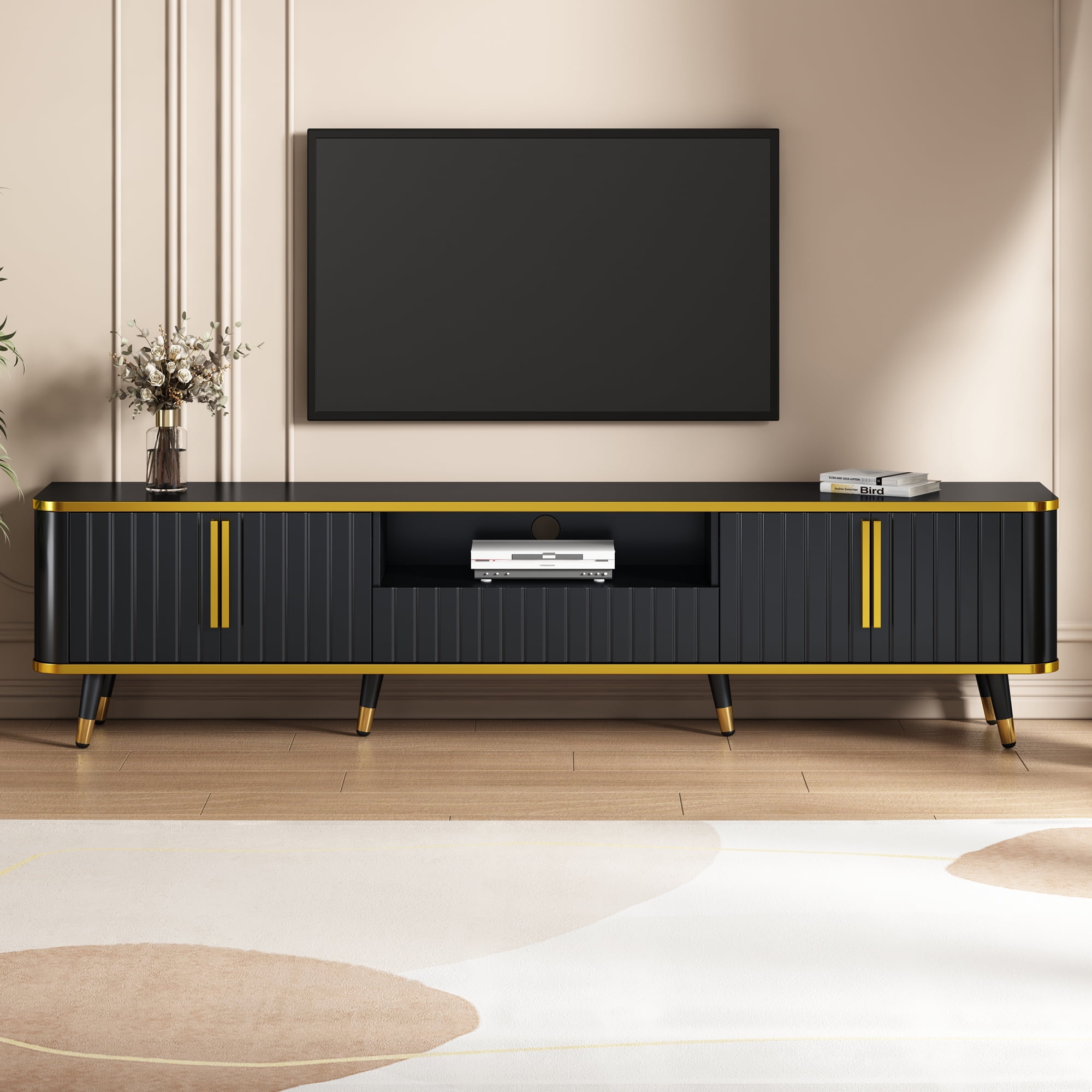 Euroco Luxury Minimalism TV Stand with Open Storage Shelf for TVs Up to 85", Entertainment Center with Cabinets and Drawers, Practical Media Console with Unique Legs