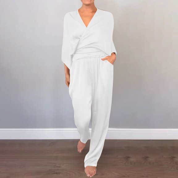 Cozy Sets for Women Clothing Women Summer Dressy Satin Outfits Loose Wrap Office Shirts Matching Long Pants Business Vacation Outfits White 3XL