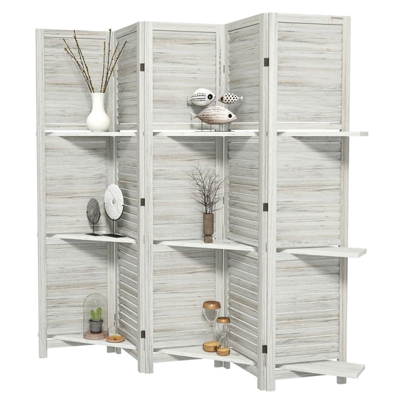 5 Panel 67" Tall Wood Privacy Screen with 3 Shelves and Folding Storage for Bedroom, Distressed White