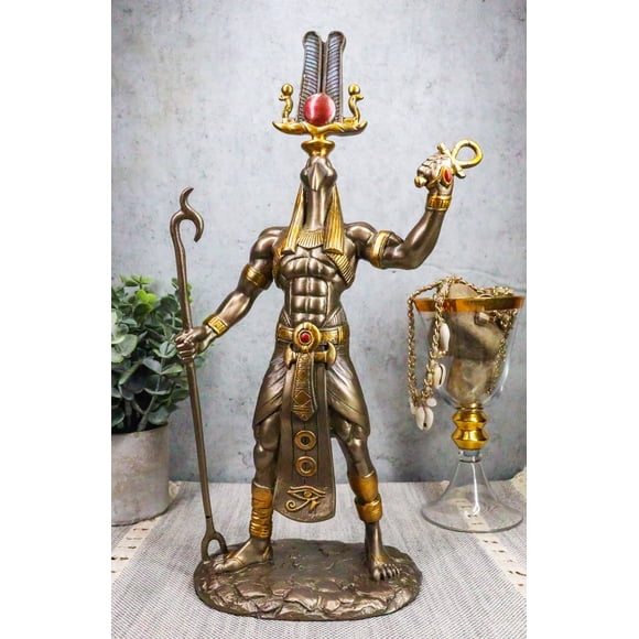 Bronzed Egyptian God Of Technology Ibis Headed Thoth Holding Was And Ankh Statue
