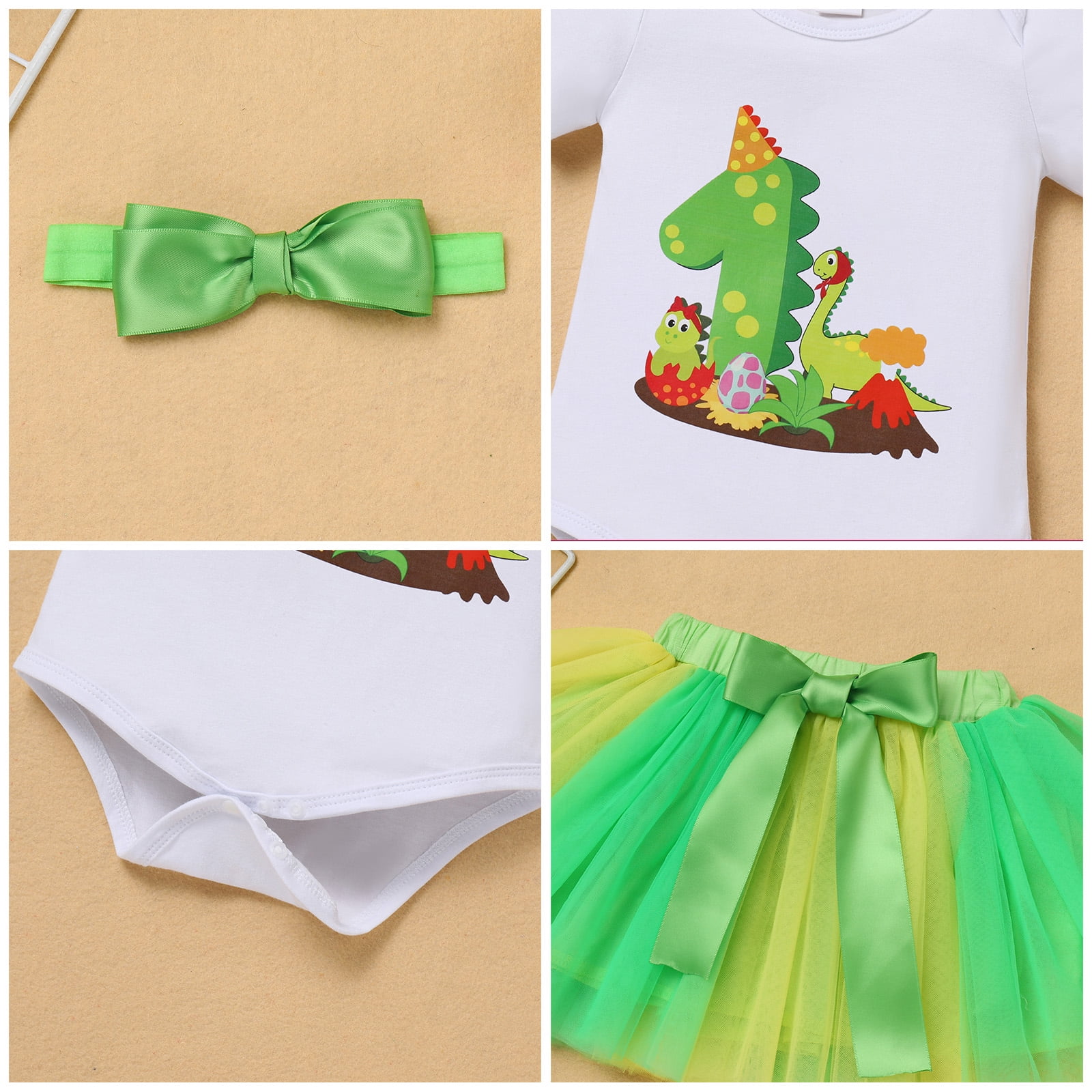 IBTOM CASTLE Infant Baby Girls Dinosaur Themed Party 1st Birthday Outfit Princess Romper + Tutu Skirt + Headband Clothes Set for Photo Shoot 1 Year Green