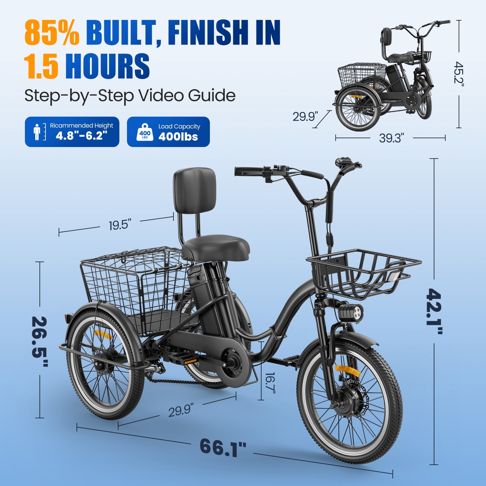 Flycity Electric Tricycle for Adults, Peak 1200W Electric Trike with 48V 15Ah Removable lithium battery, 20" 7 Speeds 3 Wheels Electric Bikes, Black