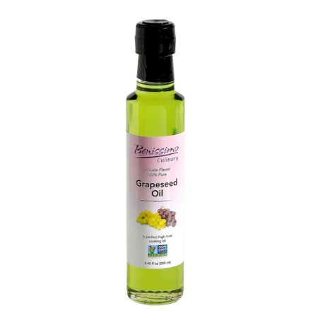 Benissimo Refined Grapeseed Oil  8.45 Fl Oz - 100% Pure  Clean & Light Taste  Ideal for High Heat Cooking  Sauteing  Searing  Baking  and Stir Frying