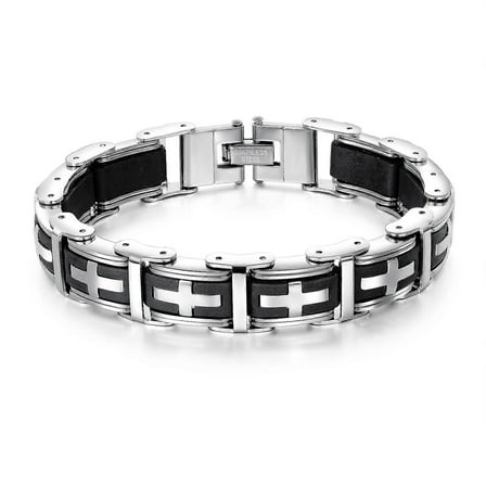 ZK-Checkered Pattern Cross Stainless Steel Black Silver One Piece Bracelet