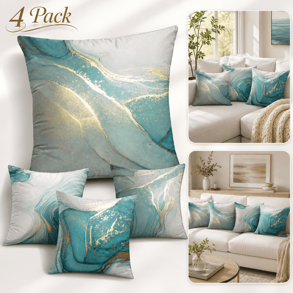 Throw Pillow Covers,Marble Texture Turquoise and Gold Silver Decorative Luxury Abstract Fluid Art Ink Soft Velvet Pillow Case Square Cushion Covers for Couch Sofa 18 x 18 Inch Set of 4