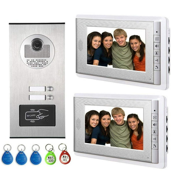 AMOCAM Système d'Entrée Interphone Vidéo, Moniteur LCD Filaire 7 Pouces Sonnette de Porte avec 5 Cartes d'Identité pour 2 Unités Appartement, Support de Surveillance, Interphone Double Voie, Déverrouillage de Clé ID