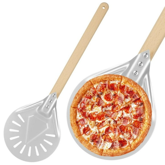 Round Pizza Spatula, 21.7 x 7.1 Inches Pizza Turning Peel with Detachable Wood Handle, Pizza Spatula Paddle, Perforated Peel Turner for Baking Homemade Pizza