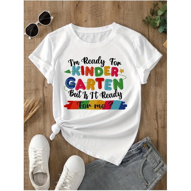Summer Cool New Arrival Back-to-School Fashion Trendy Girls "I'm Ready for Kindergarten" Print Round Neck Short Sleeve T-Shirt, Versatile Cotton Casual Sport Tee, Machine Washable All-Seaso