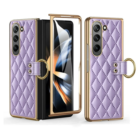 Allytech Galaxy Z Fold5 Case with Build-in Screen Protector, Premium PU Leather Cover with Ring Holder Shockproof Anti-Scratch Bumper Phone Case for Samsung Galaxy Z Fold5 - Purple