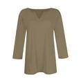 thumbnail image 5 of DENGDENG Ladies 3/4 Sleeve Tops Casual Loose Fit V Neck Solid T Shirts Plus Size Summer Elbow Three Quarter Length Sleeve T-Shirt Lightweight Fashion Blouses Tunic Top Khaki S, 5 of 5