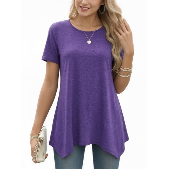 MOYIKO Women's Short Sleeve Swing T-Shirt Flowy Asymmetrical Hem Tee Loose Fit Casual Tops